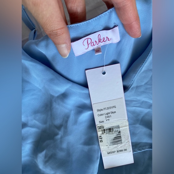 Parker Thatcher $288 Cold Shoulder Ruffled Mini Dress light Blue XS NWT - Picture 13 of 16